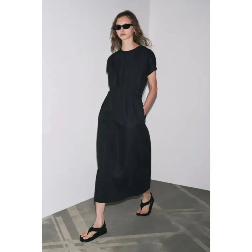 Zara Womens Dress XL Black Gathered Midi Short Sleeve Cotton Linen 4333/041 NWT
